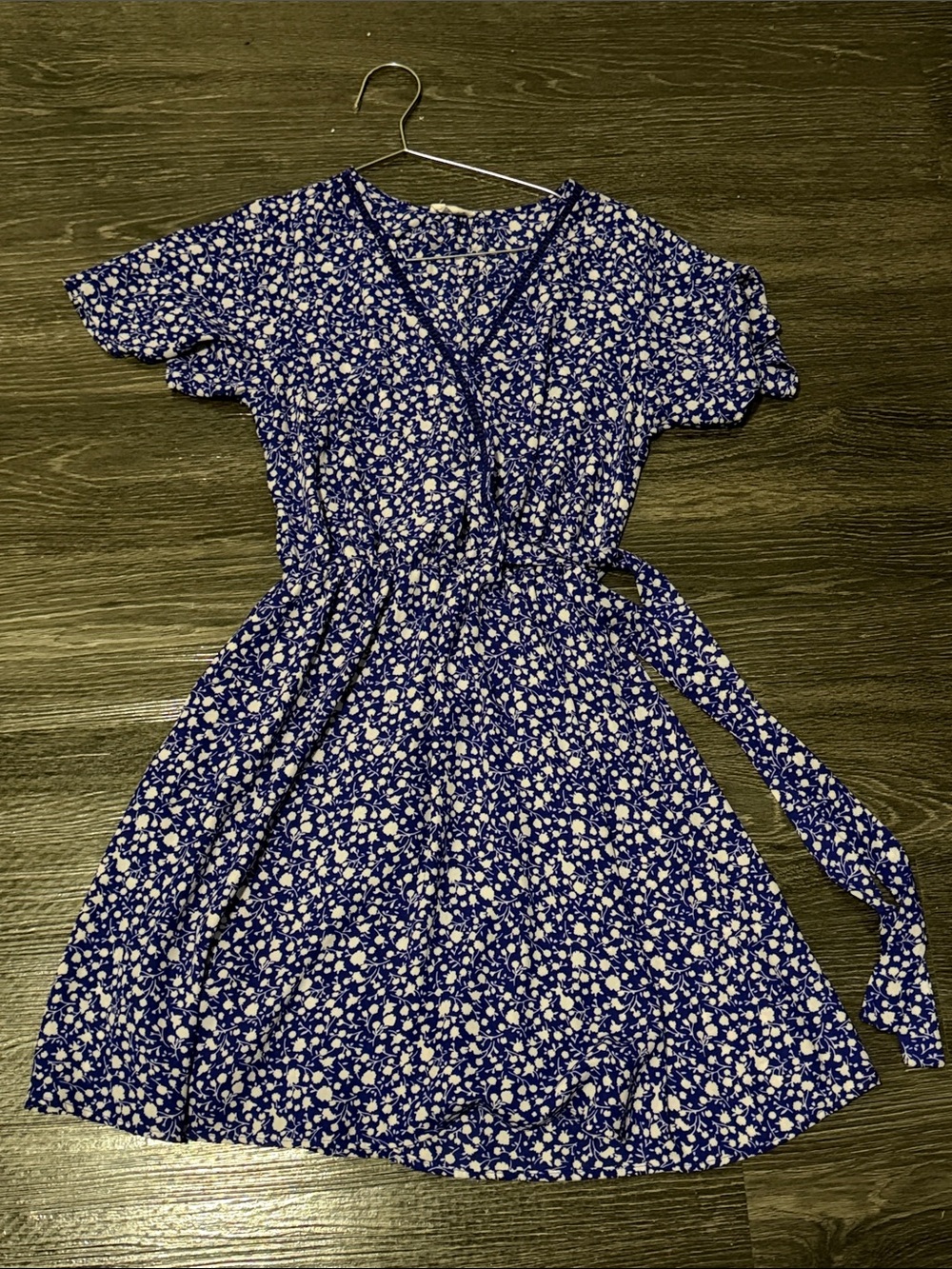 Sienna Sky Blue and White Floral V-Neck Tie-Waist Mini Dress